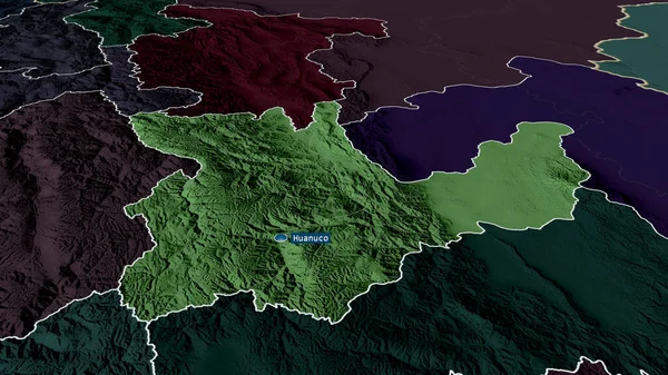 Huanuco Región Perú Zoomed Destacó Con Capital Mapa Coloreado Tocado — Foto de Stock