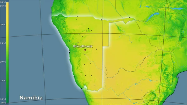 凡例と立体投影のナミビアエリア内の平均年間温度変化 主な組成 — ストック写真