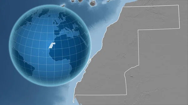 西サハラだ アウトラインを持つ拡大地図に対して国の形を持つグローブ グレースケール標高図 — ストック写真