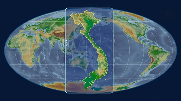 Zoomed-in view of Vietnam outline with perspective lines against a global map in the Mollweide projection. Shape centered. color physical map