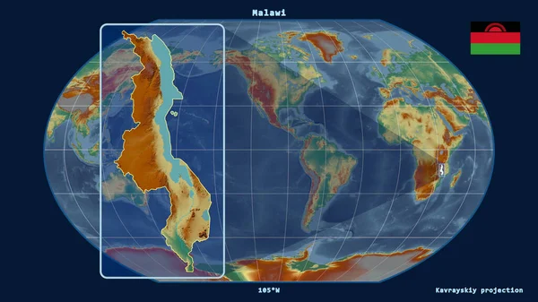 Zoomed-in view of Malawi outline with perspective lines against a global map in the Kavrayskiy projection. Shape on the left side. topographic relief map