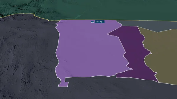オムサティ ナミビアの領域は拡大し 首都で強調表示されました 行政区画の色と衝突した地図 3Dレンダリング — ストック写真