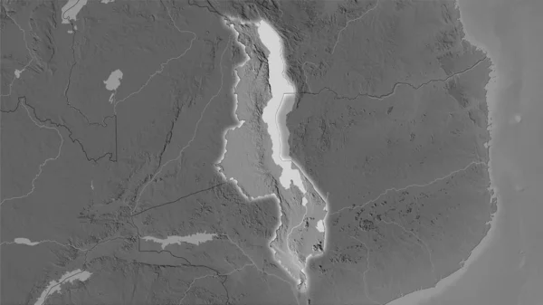 立体投影灰度高程地图上的马拉维地区 发光轮廓光栅层的原始组成 — 图库照片