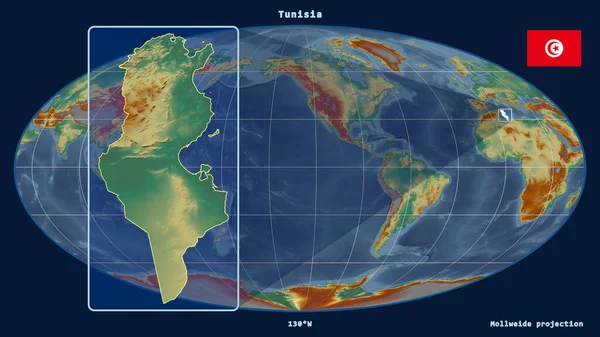 Vergrößerte Ansicht Tunesiens Mit Perspektivischen Linien Gegen Eine Weltkarte Der — Stockfoto
