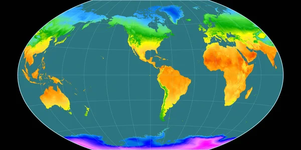 Winkel Tripel投影中的世界地图以西经90度为中心 平均年温度图 具有满意性能的栅格原料复合材料 3D插图 — 图库照片