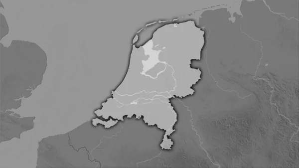 立体投影のグレースケール標高マップ上のオランダ領域 暗い輝線の輪郭を持つラスター層の生の組成 — ストック写真