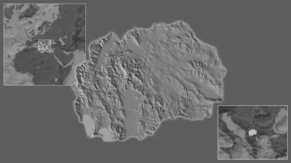 マケドニアとその地域に位置し 大規模な世界地図の中心部のクローズアップ 標高マップ — ストック写真