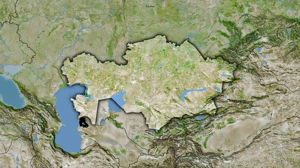 卫星A上的哈萨克斯坦地区立体投影地图 带有暗发光轮廓的栅格层的原始组成 — 图库照片