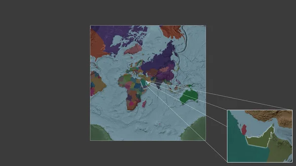 从世界大比例尺地图中提取出的阿拉伯联合酋长国扩大和扩大的地区 其主要线连接了框架的各个角落 行政区划的彩色地图 — 图库照片