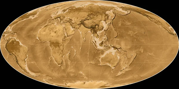 Světová Mapa Mollweidově Projekci Soustřeďuje Východní Délky Sepia Barevná Mapa — Stock fotografie