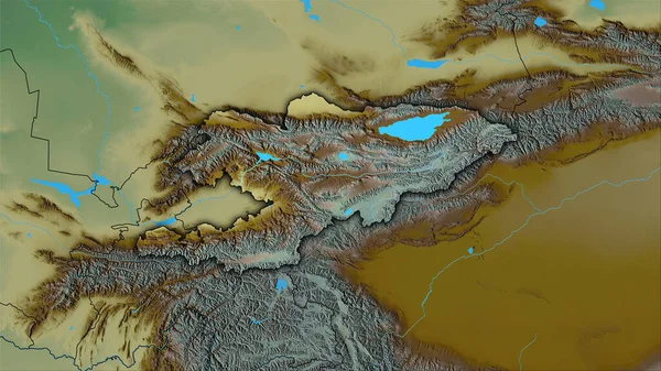 Kyrgyzstan area on the topographic relief map in the stereographic projection - raw composition of raster layers with dark glowing outline
