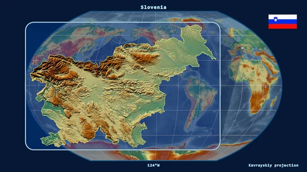 Увеличенный Вид Словении Перспективными Линиями Против Глобальной Карты Каврайской Проекции — стоковое фото