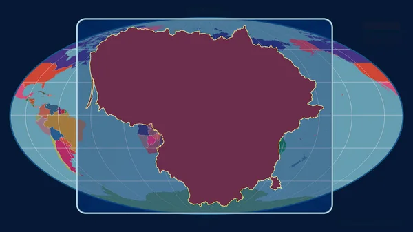 在Mollweide投影中 用透视线与全球地图对齐 放大了立陶宛的轮廓 形体中心 行政区划的彩色地图 — 图库照片