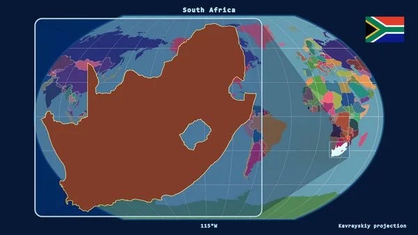 用透视线与Kavrayskiy投影中的全球地图对齐 放大了南非的轮廓 在左边的形状 行政区划的彩色地图 — 图库照片