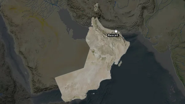 Area Evidenziata Dell Oman Con Punto Capitale Etichetta Sulla Mappa — Foto Stock