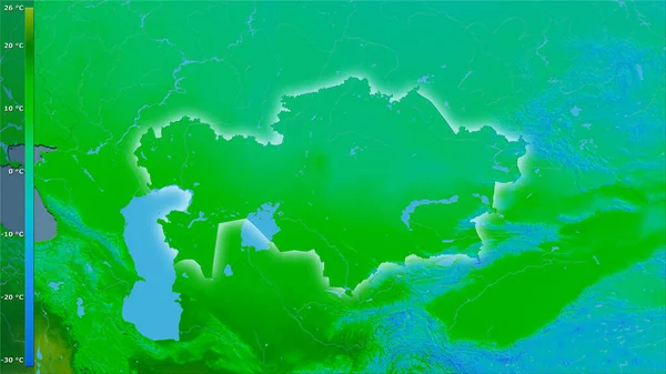 具有图例的立体投影中哈萨克斯坦地区的年平均温度 具有发光轮廓的光栅层的原始成分 — 图库照片