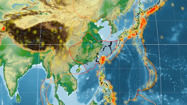 Yangtze Tektonické Desky Nastíněné Globální Barevné Fyzické Mapě Kavrayskiy Projekci — Stock fotografie
