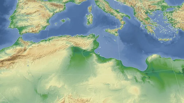 Tunisia Dintorni Prospettiva Obliqua Lontana Nessun Contorno Mappa Fisica Colori — Foto Stock