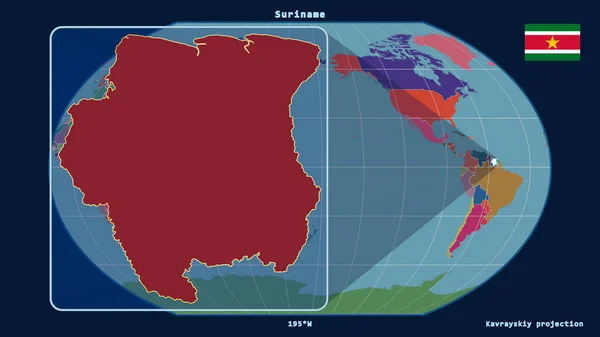 Втілений Точки Зору Суринаму Контур Перспективними Лініями Проти Глобальної Карти — стокове фото