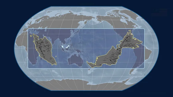 Zoomed Widok Malezji Zarys Linii Perspektywy Wobec Globalnej Mapy Projekcji — Zdjęcie stockowe