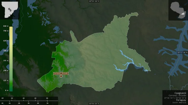 Caaguazu , department of Paraguay. Colored shader data with lakes and rivers. Shape presented against its country area with informative overlays. 3D rendering