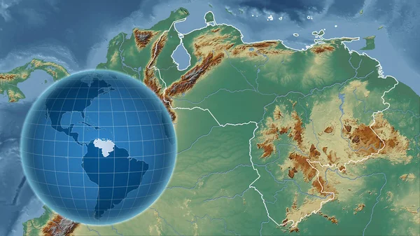 Venezuela Globo Com Forma País Contra Mapa Ampliado Com Seu — Fotografia de Stock