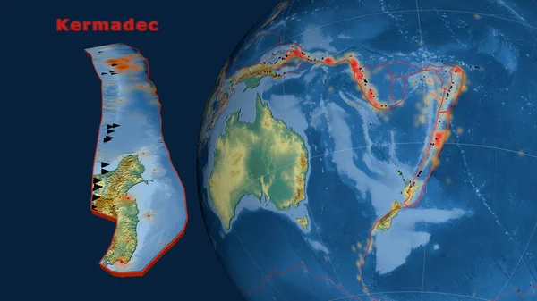 Kermadecka Płyta Tektoniczna Opisana Wytłaczana Prezentowana Kuli Ziemskiej Mapa Pomocy — Zdjęcie stockowe