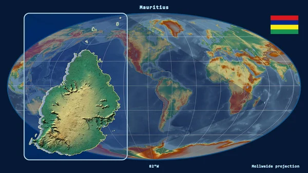 Vergrößerte Ansicht Von Mauritius Mit Perspektivischen Linien Gegen Eine Weltkarte — Stockfoto