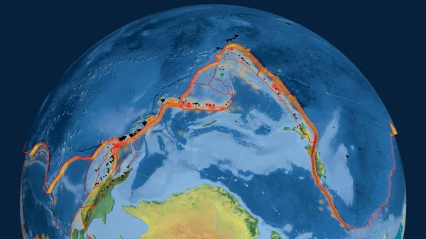 Placca Tettonica Del Pacifico Estrusa Sul Globo Mappa Topografica Rendering — Foto Stock