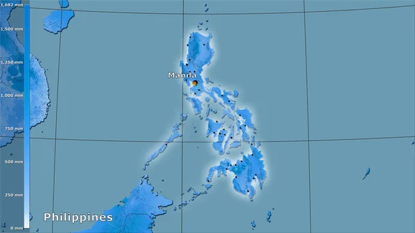 Precipitation of warmest quarter within the Philippines area in the stereographic projection with legend - main composition