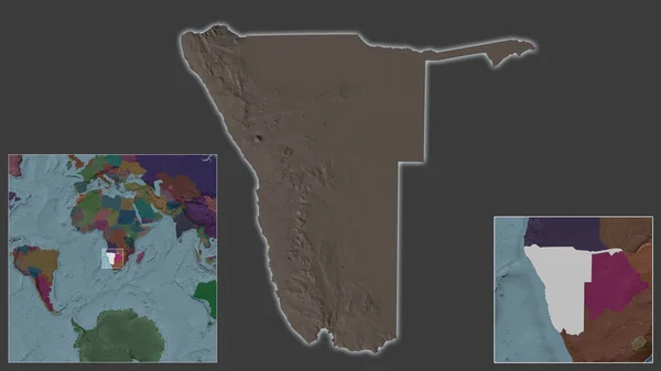 ナミビアのクローズアップとその地域と大規模な世界地図の中心に位置しています 行政庁のカラーマップ — ストック写真