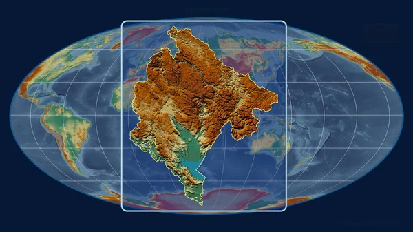 Zoomed View Montenegro Outline Perspective Lines Global Map Mollweide Projection — Stock Photo, Image