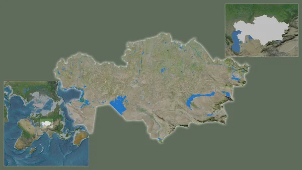 哈萨克斯坦的近景及其在该区域的位置 以及在一个大比例尺世界地图中心的位置 卫星图像 — 图库照片