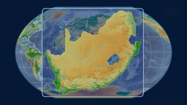 Kavrayskiy projeksiyonundaki küresel bir haritaya karşı perspektif çizgileriyle Güney Afrika 'ya yakınlaştırılmış görünüm. Şekil merkezli. Renk fiziksel haritası