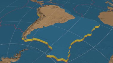 Güney Amerika tektonik plakası genişletildi, dışarı çıkarıldı ve Azimuthal Eşit uzaklıktaki kenarlı küresel gri ölçekli yükseklik haritası doğu tarafında döndürüldü. 3B görüntüleme