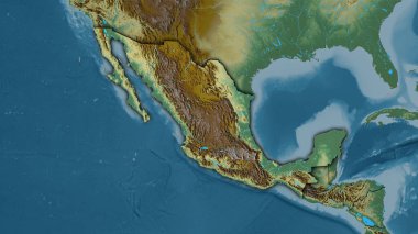 Stereografik projeksiyondaki topografik yardım haritasında Meksika bölgesi. Koyu parlak çizgili raster tabakalarının ham bileşimi.