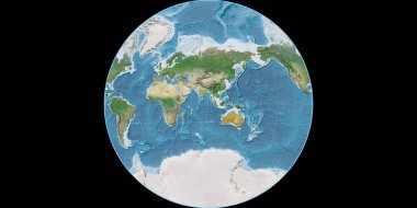 Van Der Grinten projeksiyonunun dünya haritası 90 Doğu boylamı üzerine kuruludur. Uydu görüntüleri A - Raster 'ın nadide bileşimi. 3B illüstrasyon