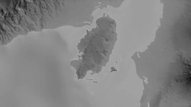 Guimaras, Filipinler vilayeti. Gölleri ve nehirleri olan gri tonlu bir harita. Ülke alanına göre şekillendirilmiş. 3B görüntüleme