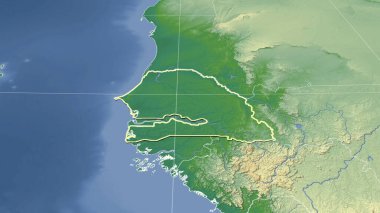 Senegal ve mahallesi. Uzak eğimli perspektif - şekil çizilmiş. renk fiziksel haritası