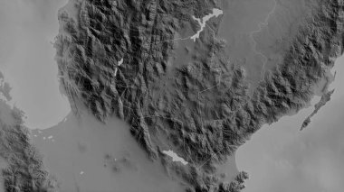 Nueva Vizcaya, Filipinler vilayeti. Gölleri ve nehirleri olan gri tonlu bir harita. Ülke alanına göre şekillendirilmiş. 3B görüntüleme