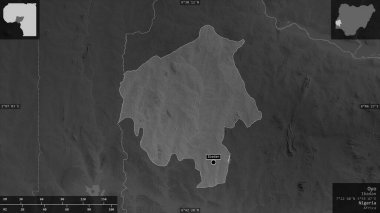 Oyo, Nijerya Eyaleti. Gölleri ve nehirleri olan gri tonlu bir harita. Ülke alanına karşı bilgilendirici örtülerle sunulan şekil. 3B görüntüleme