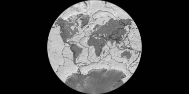 Van Der Grinten projeksiyonunun dünya haritası 11 Doğu boylamı üzerine kuruludur. Çift seviyeli topografik harita - gratikül ve tektonik levhalar kenarlı raster bileşimi. 3B illüstrasyon