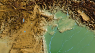 F.A.T.A., territory of Pakistan. Colored shader data with lakes and rivers. Shape outlined against its country area. 3D rendering clipart