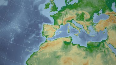 İspanya. Mahalle - ülkenin dış hatlarıyla uzak perspektif. renk fiziksel haritası