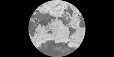 Lambert-Lagrange projeksiyonundaki dünya haritası 170 Batı boylamında merkez alınmıştır. Çift katmanlı topoğrafik harita. Raster 'ın ham kompozitosu. 3B illüstrasyon