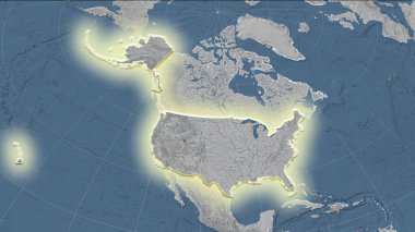 United States and its neighborhood. Distant oblique perspective - shape glowed. grayscale elevation map clipart