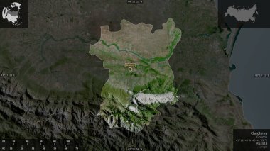 Çeçenistan, Rusya Cumhuriyeti. Uydu görüntüleri. Ülke alanına karşı bilgilendirici örtülerle sunulan şekil. 3B görüntüleme