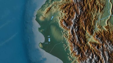 Piura, Peru bölgesi. Göller ve nehirlerle renkli rahatlama. Ülke alanına göre şekillendirilmiş. 3B görüntüleme