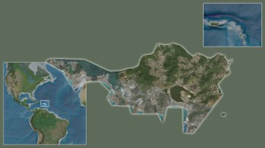 Sint Maarten 'e ve bölgedeki konumuna ve geniş çaplı bir dünya haritasının merkezine yakın çekim. Uydu görüntüleri