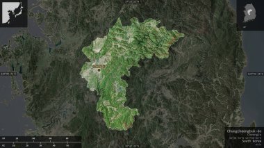 Chungcheongbuk-do, Güney Kore vilayeti. Uydu görüntüleri. Ülke alanına karşı bilgilendirici örtülerle sunulan şekil. 3B görüntüleme